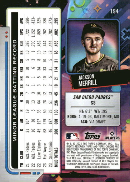 2024 Topps Chrome Cosmic #194 Jackson Merrill NM-MT RC Rookie San Diego Padres Baseball Card