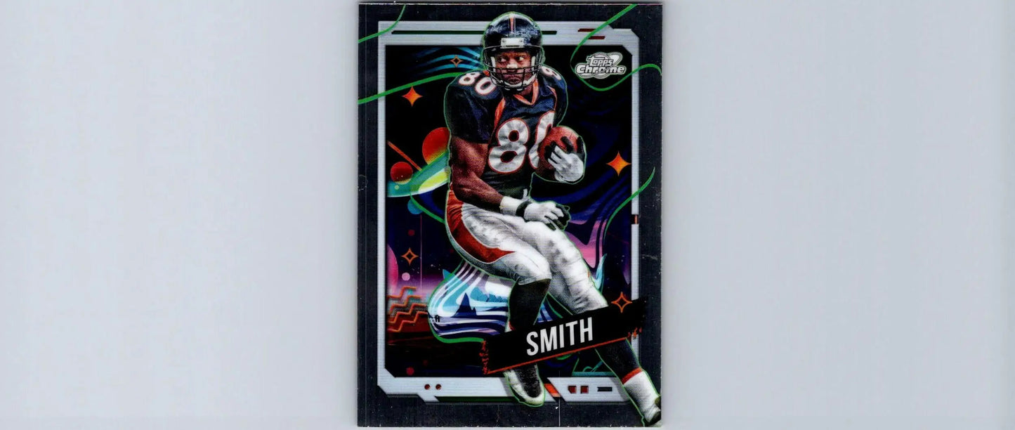 Football trading card featuring Rod Smith in Broncos uniform with colorful Topps Chrome Cosmic background