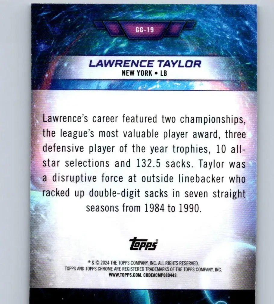 Back of a Lawrence Taylor Topps Chrome Cosmic Galaxy Greats trading card image