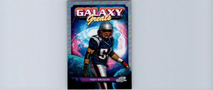 Football trading card featuring Tedy Bruschi in Patriots uniform from 2024 Topps Chrome Cosmic series