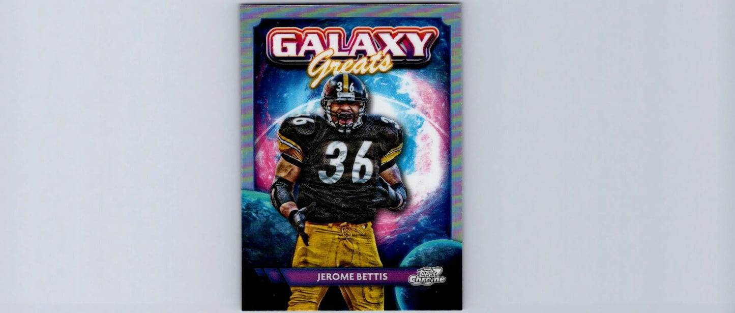 Football trading card featuring Jerome Bettis in Pittsburgh Steelers uniform on cosmic background from Topps Chrome Cosmic Jerome Bettis Galaxy series