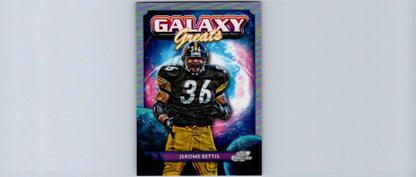 Football trading card featuring Jerome Bettis in Pittsburgh Steelers uniform on cosmic background from Topps Chrome Cosmic Jerome Bettis Galaxy series