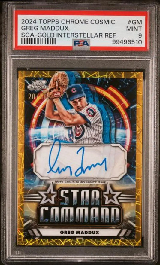 PSA-graded 2024 Topps Chrome Cosmic Gold Greg Maddux autographed baseball card