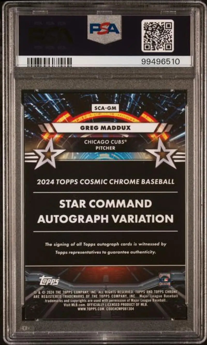 PSA-graded Greg Maddux Cosmic Gold auto baseball card from 2024 Topps Chrome Cosmic