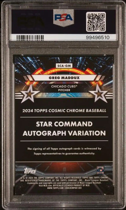 PSA-graded Greg Maddux Cosmic Gold auto baseball card from 2024 Topps Chrome Cosmic