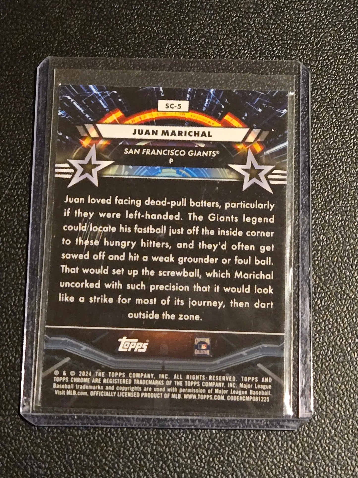 Baseball trading card of Juan Marichal in Topps Chrome Cosmic Star Command sleeve