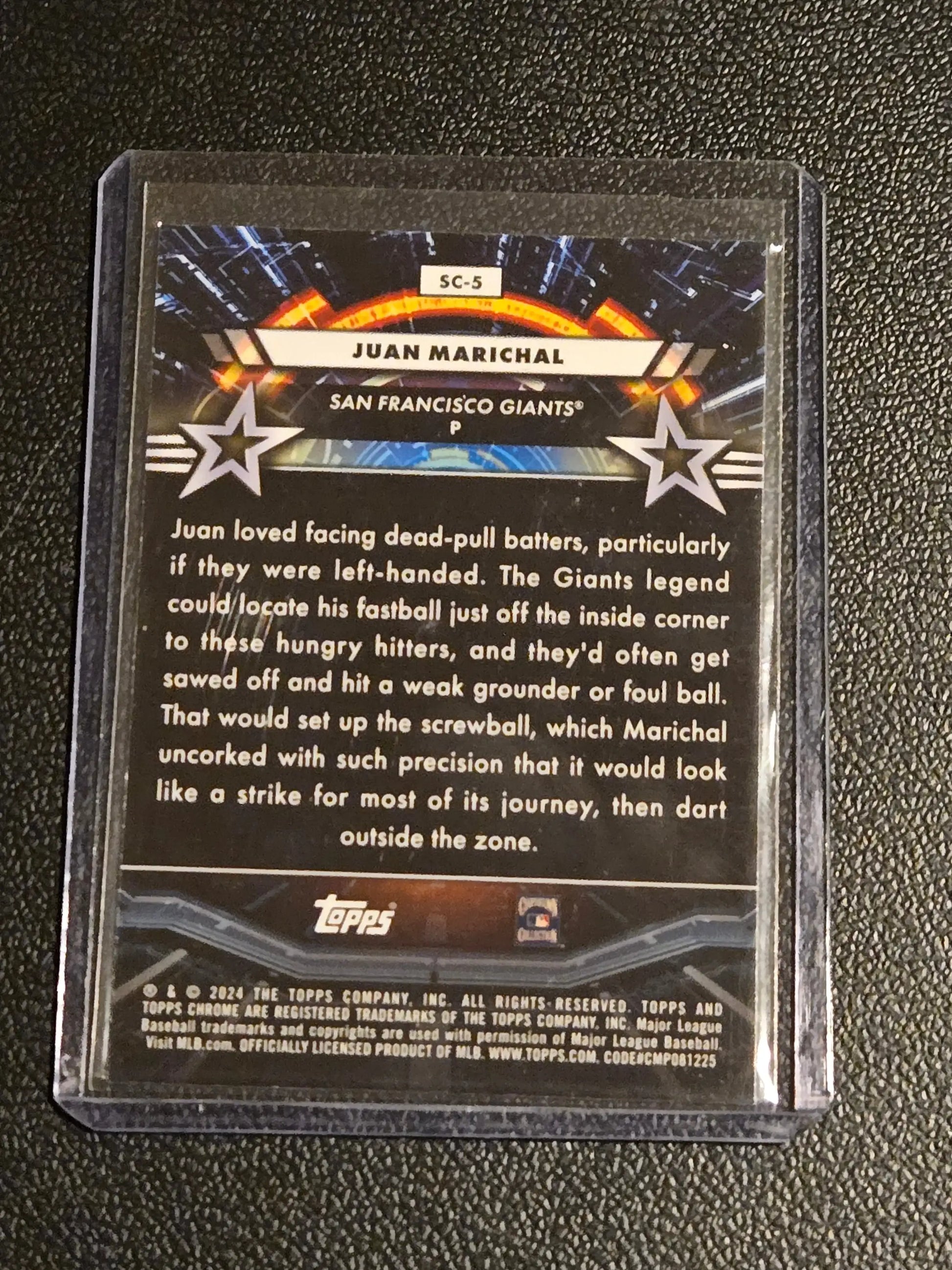 Baseball trading card of Juan Marichal in Topps Chrome Cosmic Star Command sleeve