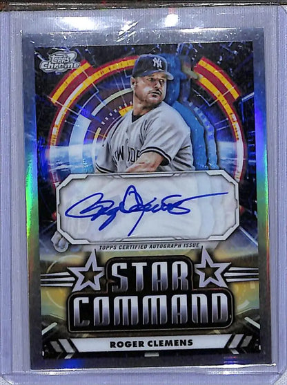 Autographed Roger Clemens baseball card from 2024 Topps Chrome Cosmic Star Command series