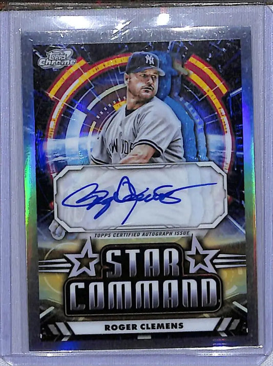 Autographed Roger Clemens baseball card from 2024 Topps Chrome Cosmic Star Command series