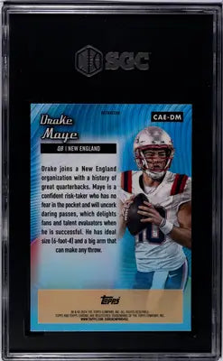 Graded 2024 Topps Chrome Drake Maye etch refractor rookie football card displayed