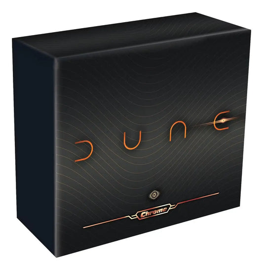 Black hobby box featuring Dune in orange lettering and Chrome metallic emblem for 2024 Topps Chrome Dune