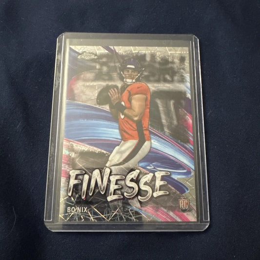 Bo Nix football trading card in plastic sleeve from 2024 Topps Chrome Lazer Refractor Rookie RC Lazer insert