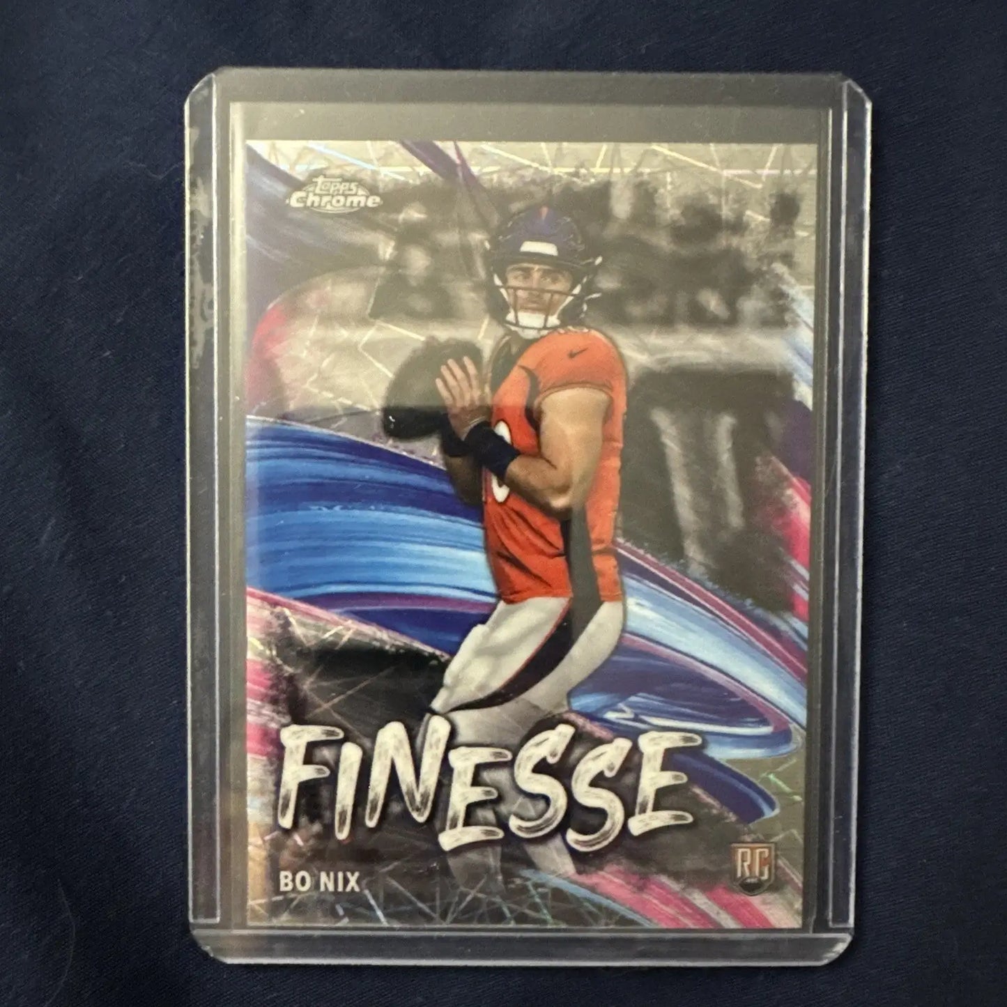 Bo Nix 2024 Topps Chrome Rookie RC Lazer Refractor football trading card in protective case