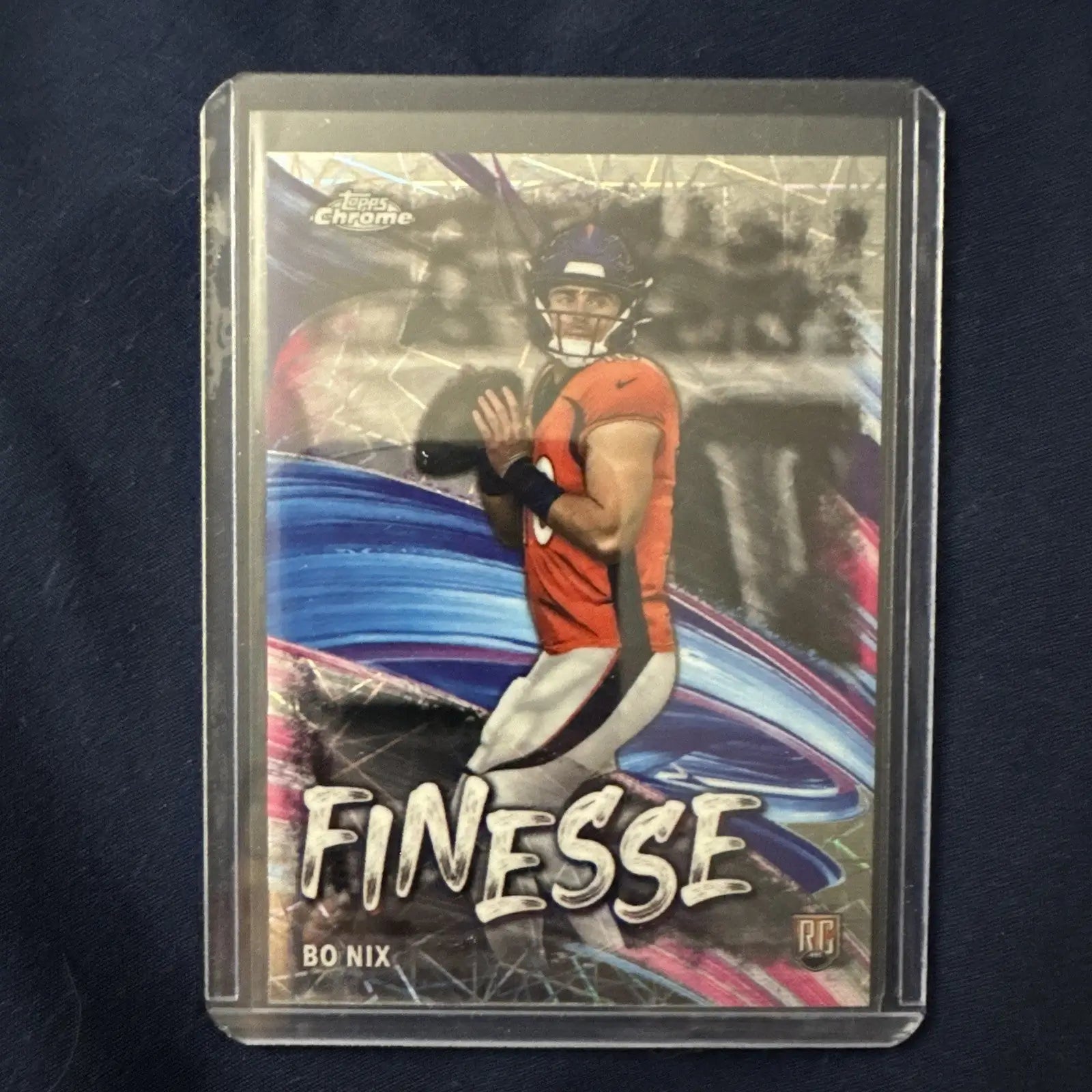 Bo Nix 2024 Topps Chrome Rookie RC Lazer Refractor football trading card in protective case