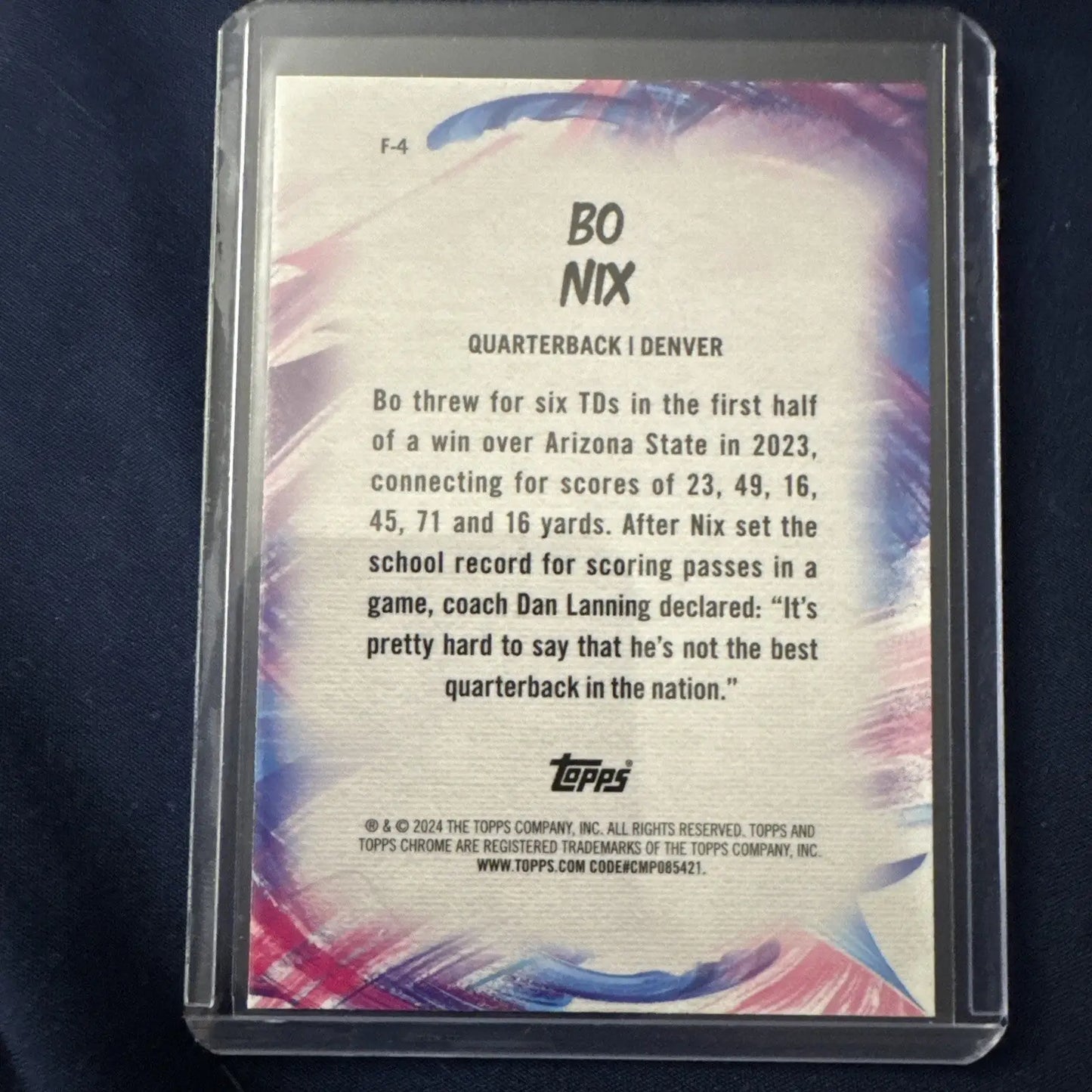 Bo Nix 2024 Topps Chrome rookie RC Lazer Refractor football trading card in protective sleeve