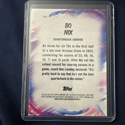 Bo Nix 2024 Topps Chrome rookie RC Lazer Refractor football trading card in protective sleeve