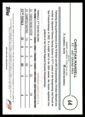 2024 Topps Chrome F1 Christian Mansell #64 Future Stars Auto Racing - Trading Card