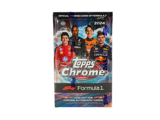 2024 Topps Chrome F1 Racing Hobby Box with Topps Chrome Formula 1 trading card pack featuring refractor parallel