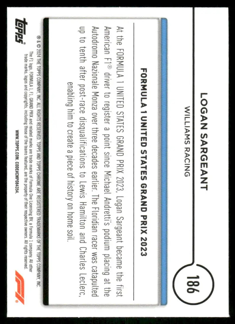 2024 Topps Chrome F1 Logan Sargeant #186 Award Winners Racing - Trading Card