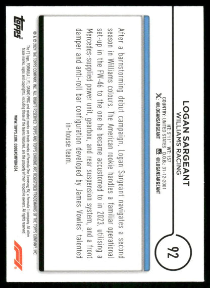 2024 Topps Chrome F1 Logan Sargeant #92 Racing - Trading Card