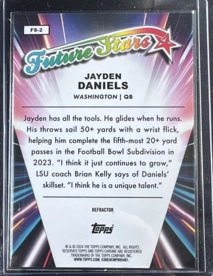 Football trading card of Jayden Daniels Future Stars from 2024 Topps Chrome Refractor
