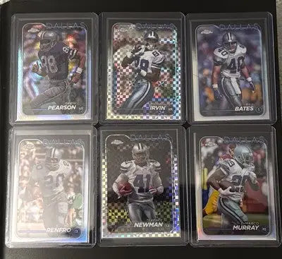 Six framed Dallas Cowboys Topps Chrome Football refractor trading cards in a football refractor lot