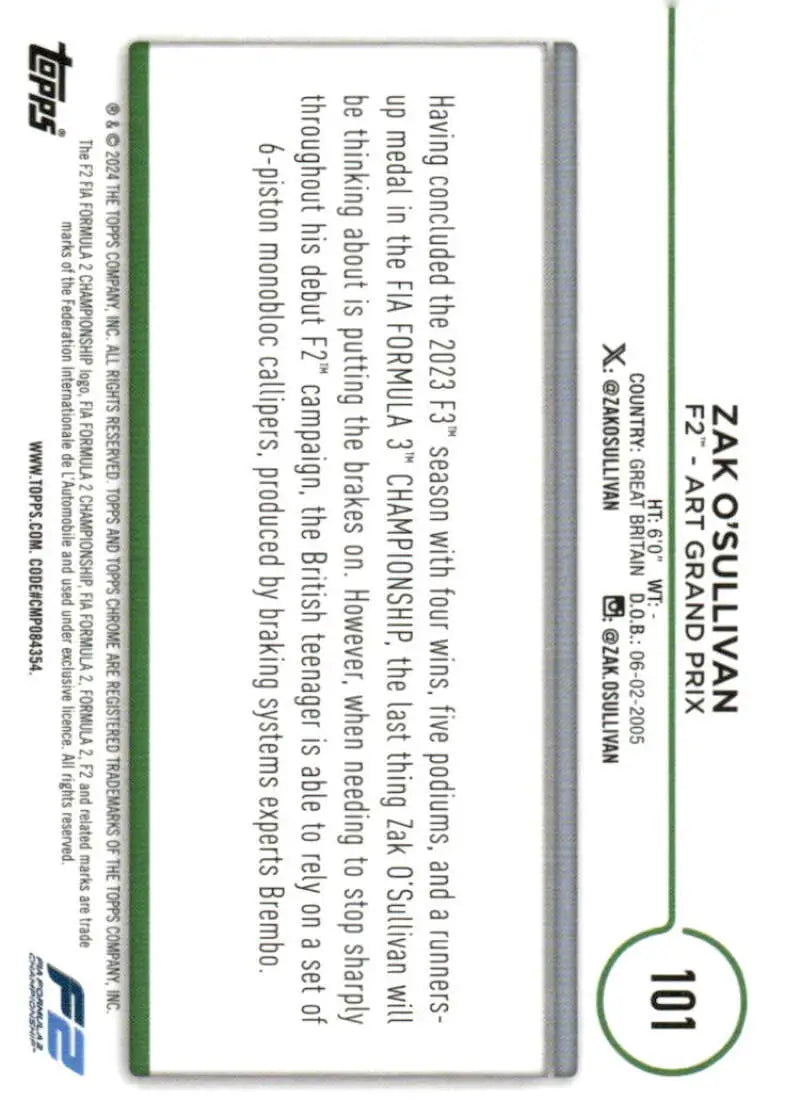 2024 Topps Chrome Formula 1 Zak O’Sullivan ART Grand Prix Racing Card NM-MT F2