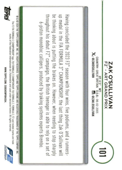 2024 Topps Chrome Formula 1 Zak O’Sullivan ART Grand Prix Racing Card NM-MT F2