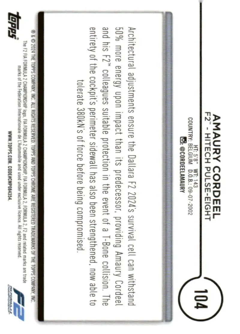 Formula 2 trading card of Amaury Cordeel from 2024 Topps Chrome Formula series