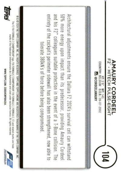 2024 Topps Chrome Formula 1 Card of Amaury Cordeel from Hitech Pulse-Eight Racing