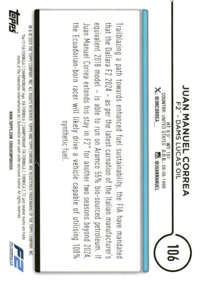 Juan Manuel Correa F2 trading card from 2024 Topps Chrome Formula 1 DAMS Lucas Oil series