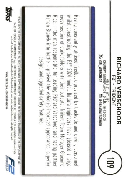 Richard Verschoor 2024 Topps Chrome F2 Trident Racing trading card NM-MT #109