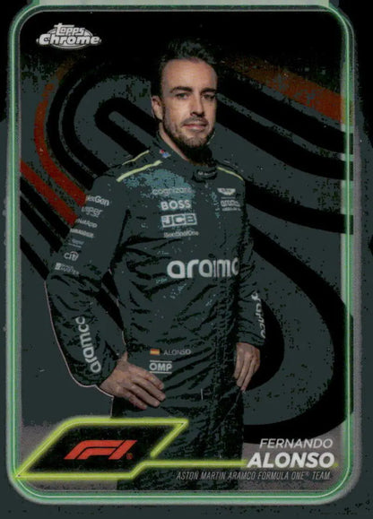 Fernando Alonso trading card from 2024 Topps Chrome Formula 1 Aston Martin Aramco series