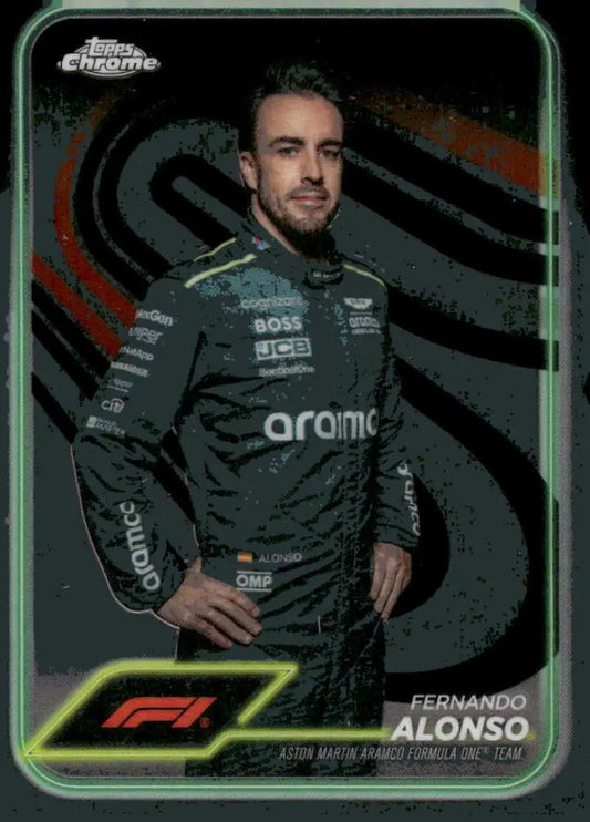 Fernando Alonso trading card from 2024 Topps Chrome Formula 1 Aston Martin Aramco series