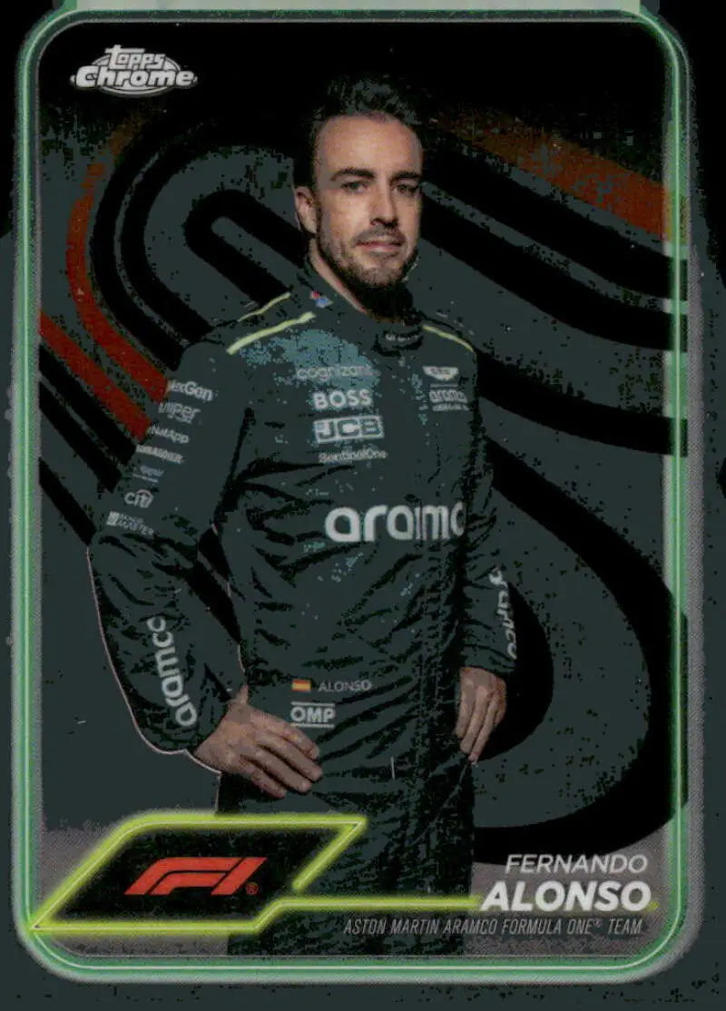 Fernando Alonso Topps Chrome trading card from 2024 Aston Martin Aramco Formula One team