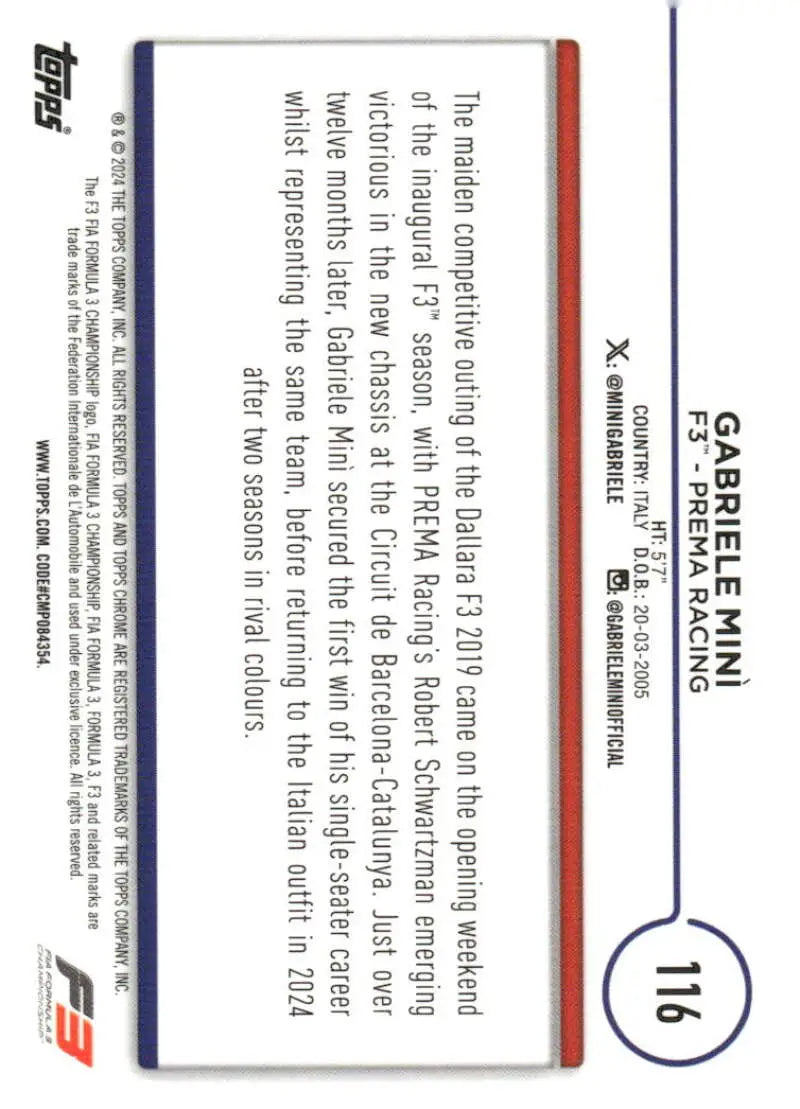 2024 Topps Chrome Formula 1 #116 Gabriele Mini NM-MT F3 PREMA Racing Card