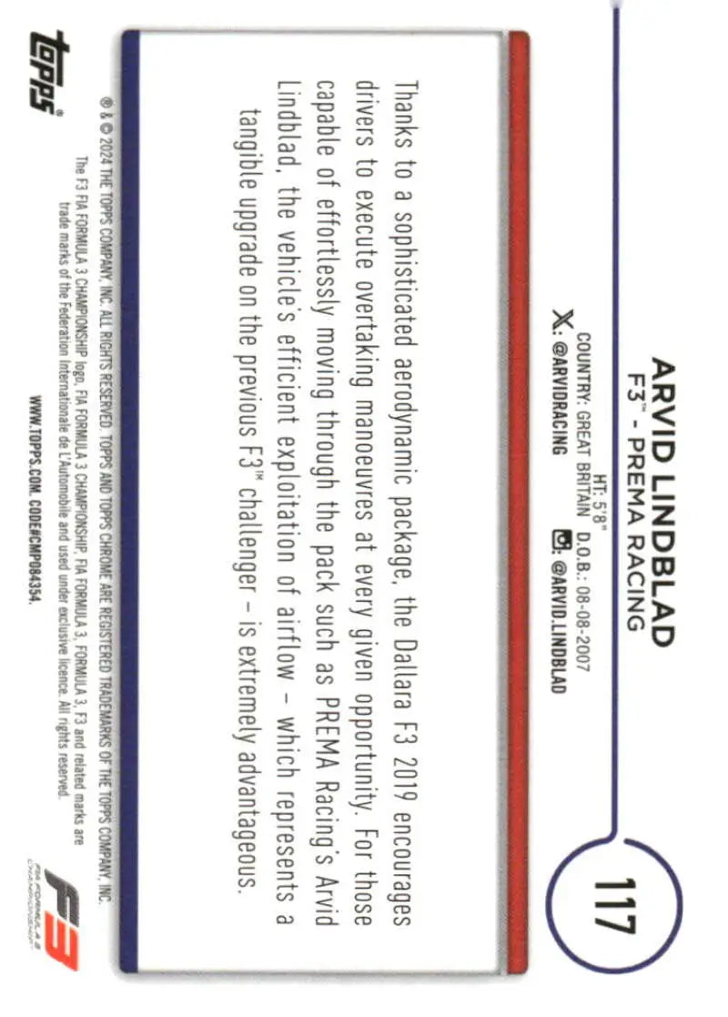 Arvid Lindblad F3 racing card from 2024 Topps Chrome PREMA Racing collection