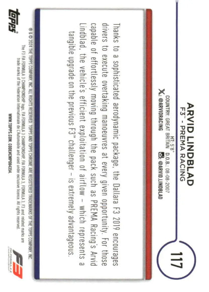 Arvid Lindblad F3 racing card from 2024 Topps Chrome PREMA Racing collection