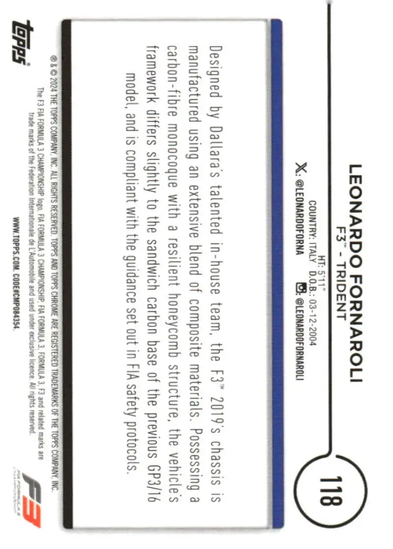 Back of 2024 Topps Chrome Formula 1 #118 Leonardo Fornaroli Trident Racing Card