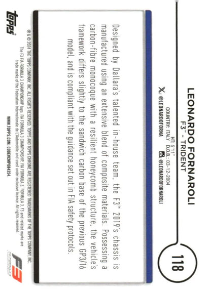 Back of 2024 Topps Chrome Formula 1 #118 Leonardo Fornaroli Trident Racing Card