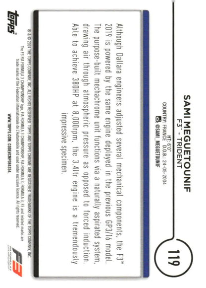 Topps Chrome Formula 1 trading card featuring Sami Meguetounif from Trident Racing