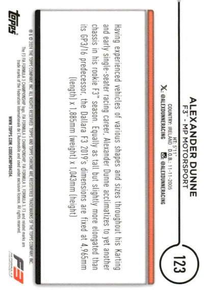 Alexander Dunne Topps Chrome Formula 1 Racing Card - 2024 F3 MP Motorsport