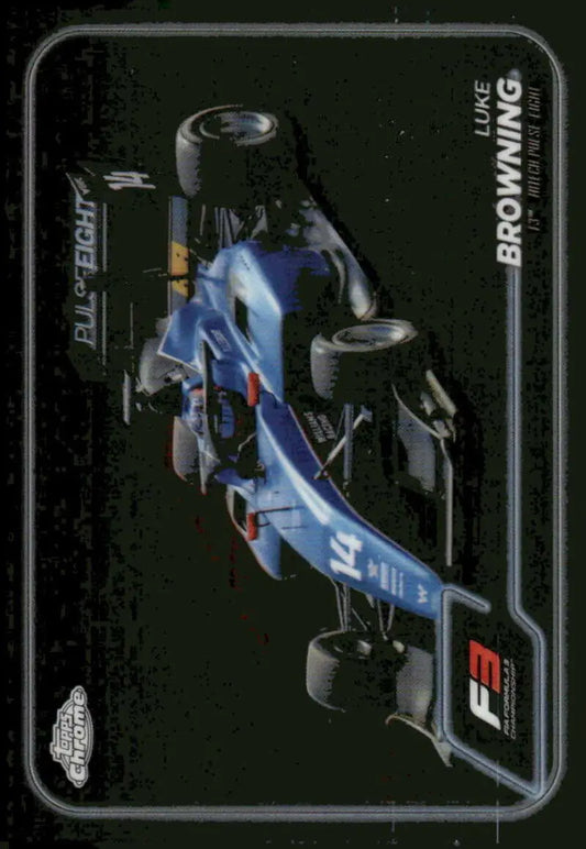 Blue Formula 3 race car featuring Luke Browning from Topps Chrome Formula Hitech Pulse-Eight Racing Card