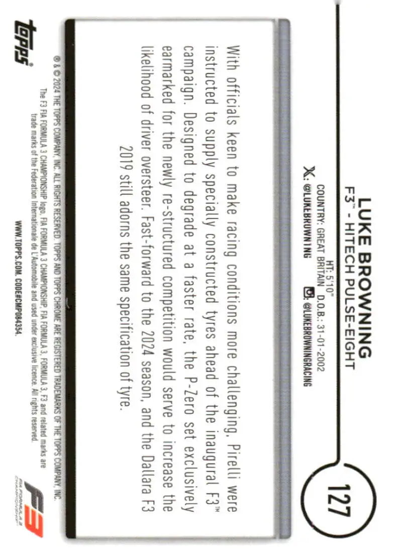 Luke Browning F3 trading card from 2024 Topps Chrome Formula 1 series #127