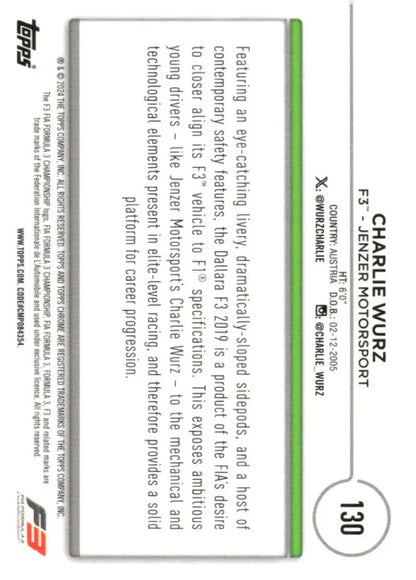 Topps Chrome Formula 1 card featuring Charlie Wurz from Jenzer Motorsport in NM-MT condition