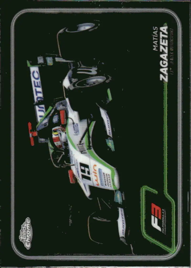 2024 Topps Chrome Formula 3 race car card featuring Jenzer Motorsport racing scene