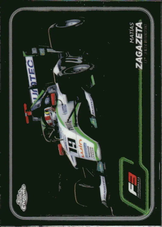 2024 Topps Chrome Formula 3 race car card featuring Jenzer Motorsport racing scene