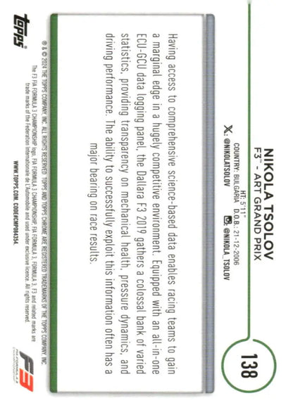 Nikola Tsolov 2024 Topps Chrome Formula 1 ART Grand Prix Racing Card #138 NM-MT