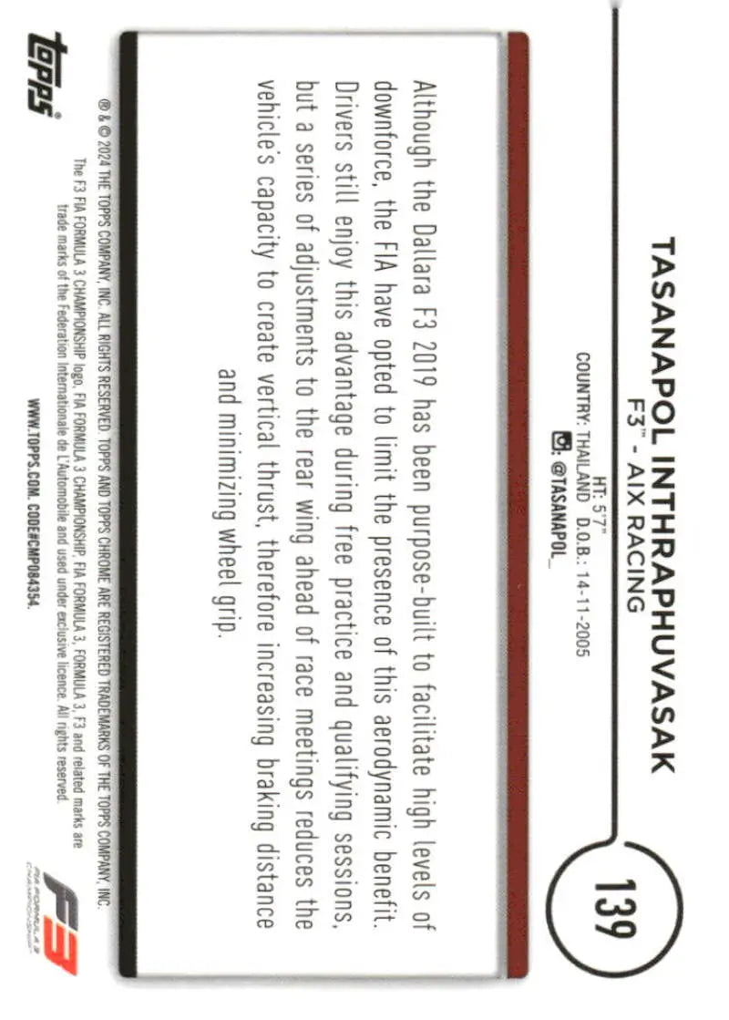 2024 Topps Chrome Formula 1 Tasanapol Inthraphuvasak NM-MT F3 Racing Card Image