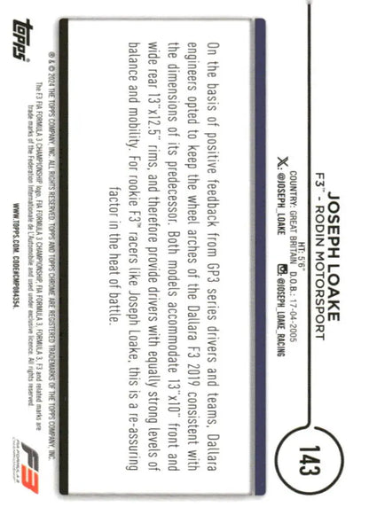 Joseph Loake F3 trading card from Rodin Motorsport in 2024 Topps Chrome Formula 1 set